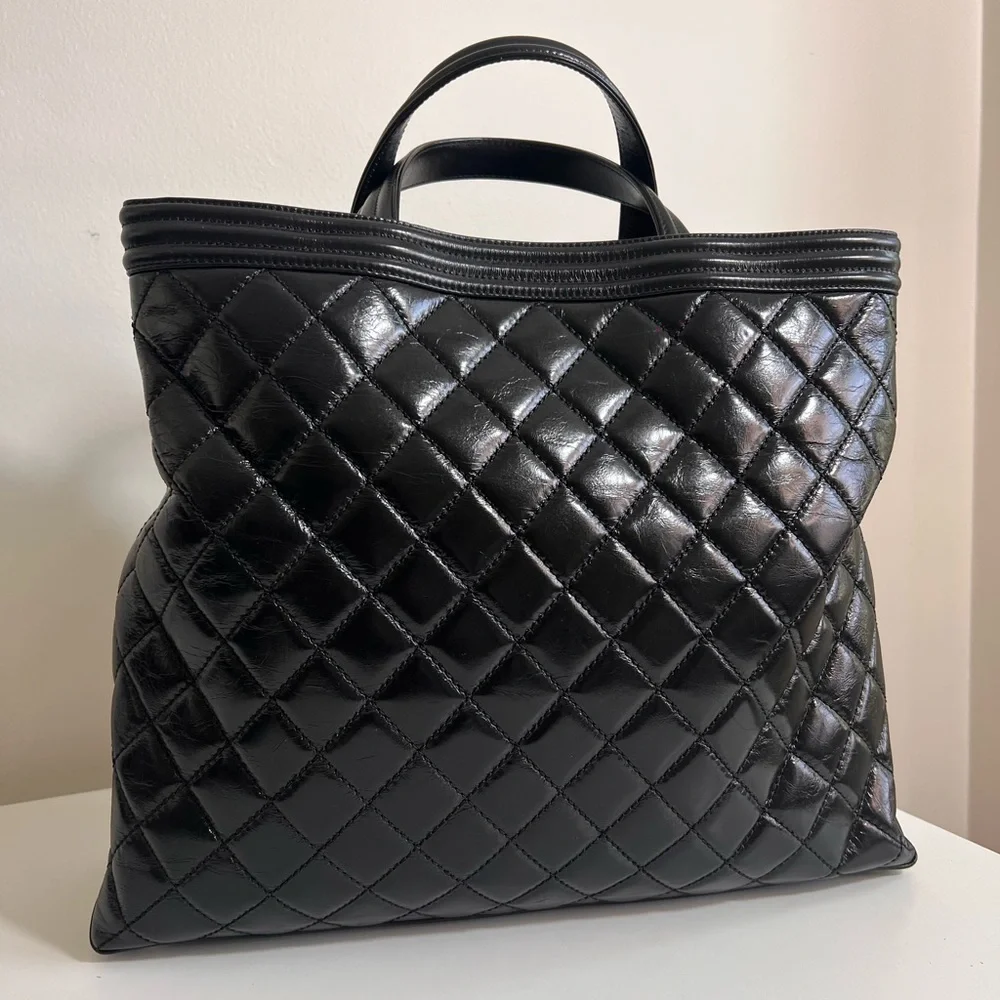 CHANEL Black Quilted Leather Laptop Tote with Gold Chain Strap